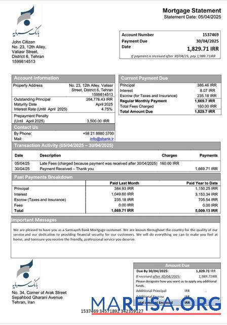 Realistic Iran Sarmayeh Bank mortgage statement Word and PDF template